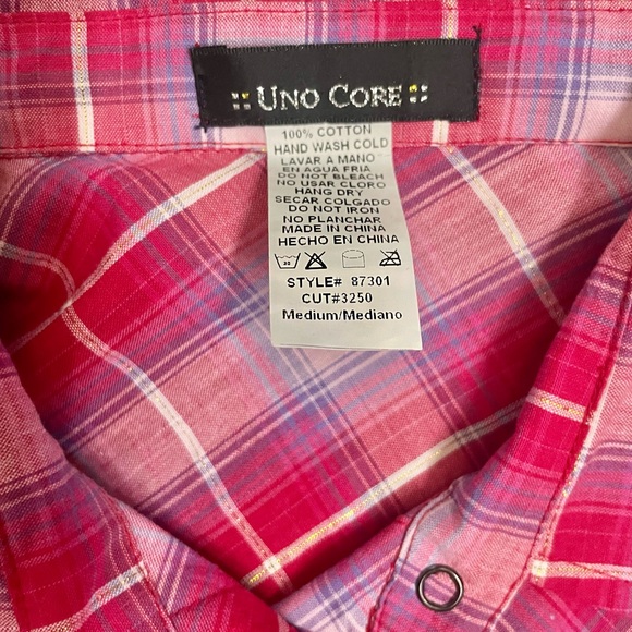 Uno Core Pink & Purple Plaid Short Sleeve Shirt with Pearl Snap Buttons & Tie - Picture 5 of 7
